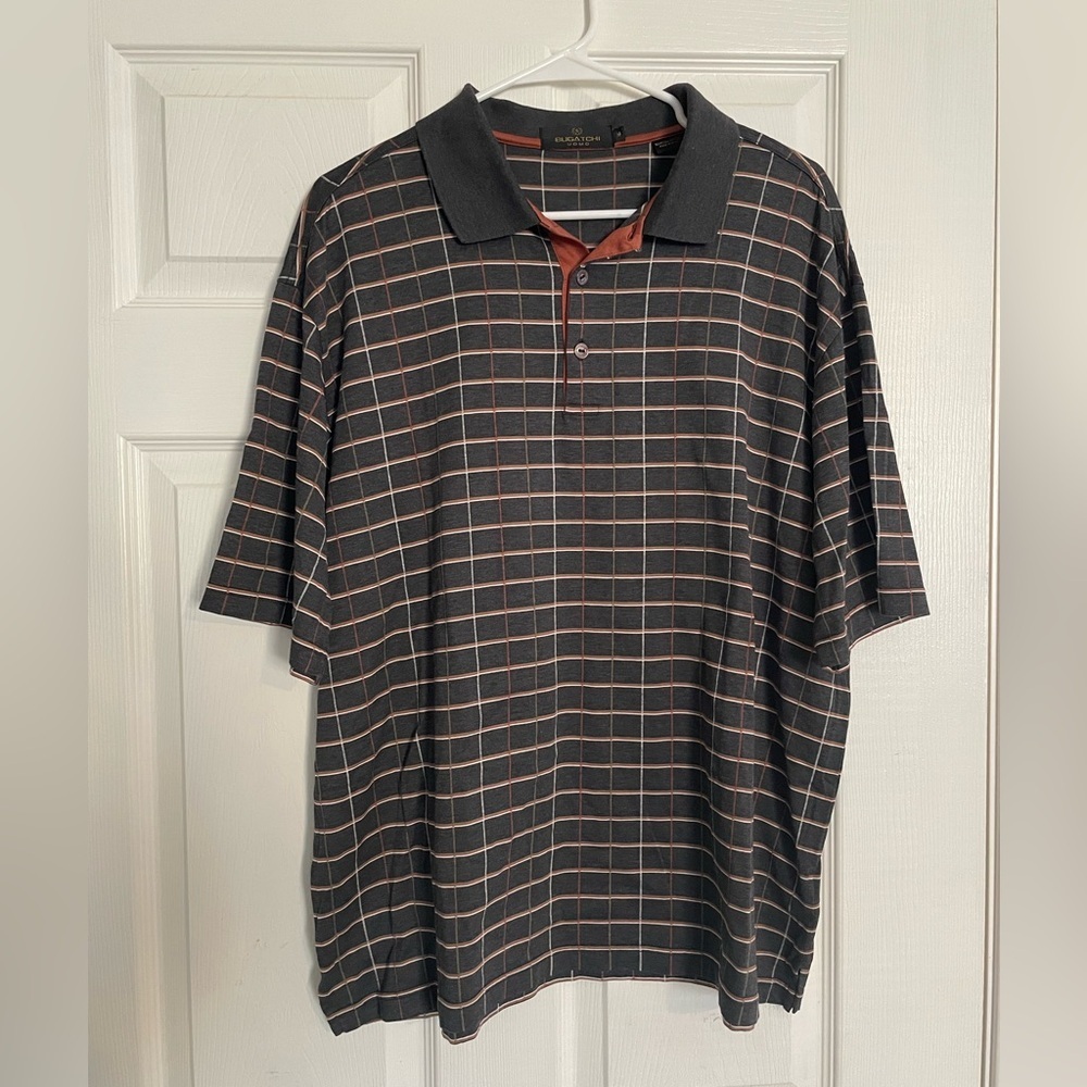 Bugatchi Men's Medium Grey and Rust Windowpane Polo Shirt Egyptian Cotton